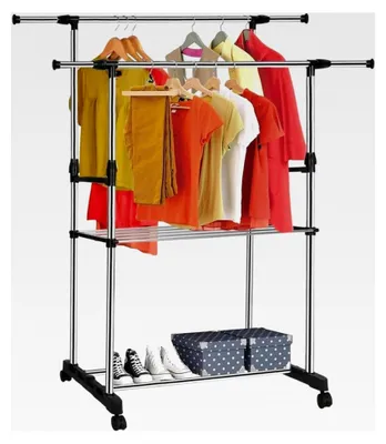 Produktbild von Verstellbarer Kleiderständer mit Rollen, Wäscheständer und Garderobenständer, ausziehbar von 92-146 cm, Höhe 94-160 cm