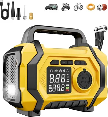 Produktbild von Tragbare Reifenpumpe - Luftkompressor - Kabellos - 150 PSI - Digitales Manometer - LED-Anzeige - Automatische Abschaltung - Gelb