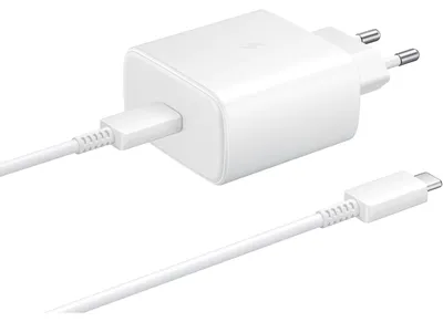 Immagine prodotto di Caricabatterie da parete Samsung Fast PD USB-C, modello EP-TA845XWEGWW, con cavo USB-C incluso, 45W, colore bianco, confezione multipla