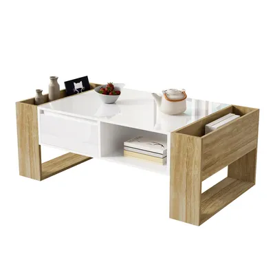 Immagine prodotto di Fortuna Lai Tavolino moderno 105 x 60 x 40 cm - con cassetti - vani a giorno - bianco + naturale