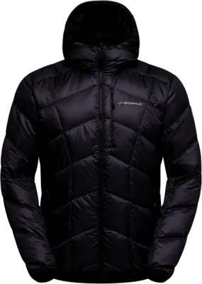 Schwarze La Sportiva Pinnacle Down Jkt M mit Kapuze und diagonalen Steppnähten