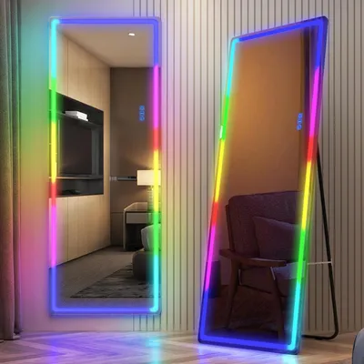 Immagine prodotto di Specchio a figura intera con illuminazione RGB, dimensioni 153x50 cm, colore nero. Specchio da terra, specchio da parete