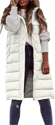 Produktbild von ASKSA Damen Daunenweste Lang Winterjacke Daunenjacke Warm Weste Jacke mit Kapuze Steppjacke, Weiß, 3XL