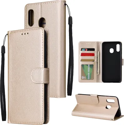 Produktbild von Für Samsung A30/A20 Flip-Typ Leder Schutzhülle mit 3 Kartenposition Schnalle Design Cover Gold