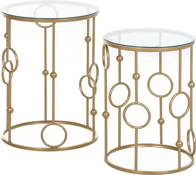 Produktbild von Gold Couchtisch 2er-Set mit Glasplatte, Reifen- und Kugeldesign Ø41x57cm, Beistelltisch Wohnzimmer