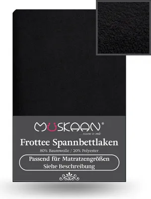 A black fitted sheet with a close-up texture detail and product information.