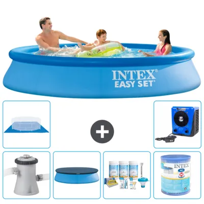 Produktbild von Intex runder aufblasbarer Easy Set-Schwimmpool – 305 x 61 cm – Blau – inklusive Pumpe Abdeckung - Wartungspaket - Filter - Bodenplane - Wärmepumpe