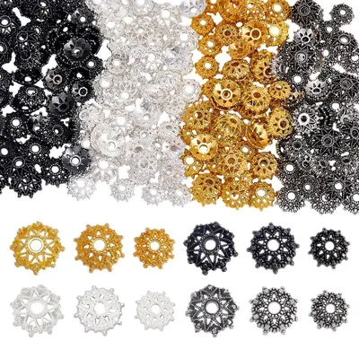 200 Blumenperlen, 12 Stile, Tibeter-Stil, Gold, Silber, Platin, Schwarz