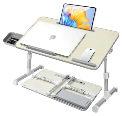 Obrázok produktu pre Stolík na notebook do postele, s nastaviteľnou výškou a uhlom, skladací s zásuvkou, 53 x 30 cm, béžová farba