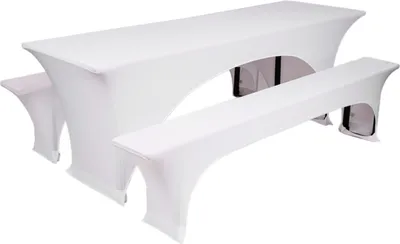 Produktbild von TexDeko Stretch Hussen für Bierzeltgarnitur gepolstert 220 x 70cm Blickdicht Biertischhusse 5TLG Set Bierbankhussen Festzeltgarnitur bügelfrei strapazierfähig (Weiß)