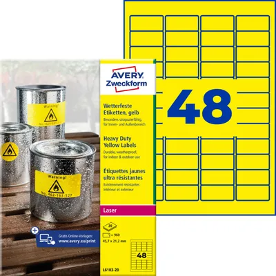 Produktbild von Avery Zweckform L6103-20, Wetterfeste Folien-Etiketten, A4, 45,7 x 21,2 mm, 960 Etiketten / 20 Bögen, gelb