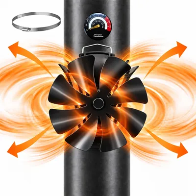 Produktbild von Relaxdays Kaminventilator, ohne Strom, magnetisch, 8 Blätter, HBT: 20x16x12,5 cm, mit Thermometer, Aluminium, schwarz, KI-generiertes Bild