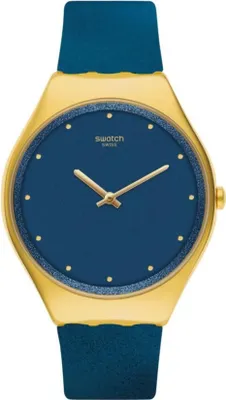 Produktbild von Swatch Klassische Damenuhr 38 mm Quarz Mineralglas Blau Gelb Wasserdicht 30 m