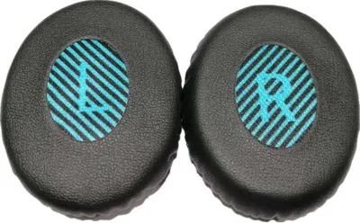A pair of black ear pads with blue and black striped inserts, each showing a letter 'L' and 'R' respectively.