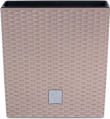A square, beige planter pot with a woven texture and a black rim.
