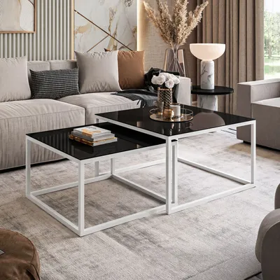 Produktbild von YOSHI GLASS Couchtisch 2in1 35 cm/41 cm Weiß / Schwarz hochglanz