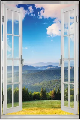 Produktbild von Wallario Wandbild mit Fenster-Illusion: Berglandschaft im Gebirge unter blauem Himmel, Größe: 61 x 91,5 cm, Poster mit schwarzem Aluminiumrahmen