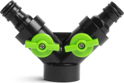 Produktbild von Schlauchkupplungs-Y-Verteiler 3/4 Zoll (±19 mm) – 2-Wege-Wasserhahnverteiler mit Absperrventilen – Schnellanschluss – Kunststoff – Für Gartenschläuche und Bewässerung [11668]