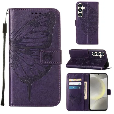 Produktbild von Galaxy S25 FE Hülle, Schmetterling Prägung Leder Kartenfächer Schutzhülle mit Ständer für Samsung Galaxy S25 FE Lila