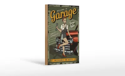 Produktbild von Holzschild Retro 12x18cm Pinup welcome to Garage service