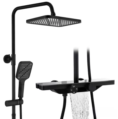 Image de Système de douche thermostatique avec pomme de douche pluie et étagère, couleur noire, 30 cm
