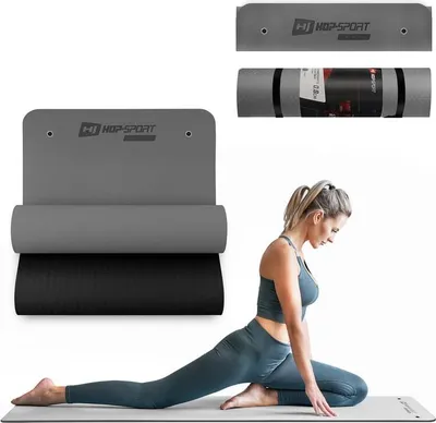Produktbild von Hop-Sport Yogamatte mit Ösen HS-T008GM Gymnastikmatte aus TPE für Pilates ist rutschfest & Faltbar - 183 x 61 x 0,8 cm - grau
