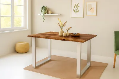 Produktbild von Esstisch Baumkante 140 x 80 cm massiv Akazie nussbaum U-Gestell silber QUINTUS
