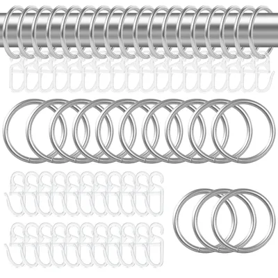 Produktbild von 45 Metall-Gardinenringe, Aufhängeringe für Gardinen und 45 Kunststoff-Gardinenhaken für Fenster, Türen und Duschvorhänge, 30 mm Innendurchmesser (silber)