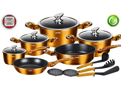 Produktbild von DMS® 15 Tlg Kochgeschirr Induktion KochTopf Topfset & Deckel Marbel Beschichtung Kupfer