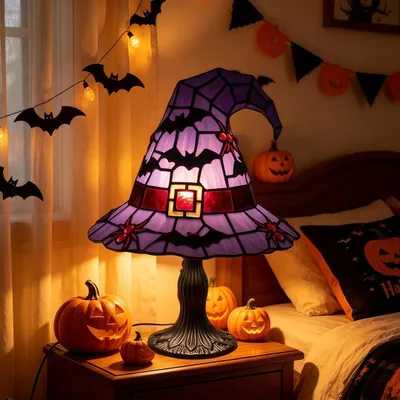 Produktbild von Bunte Harz-Hexenhut-Tischlampe im gotischen Stil, USB-betrieben, vintage Halloween-Nachtlicht, für Schlafzimmer, Wohnzimmer und Büro