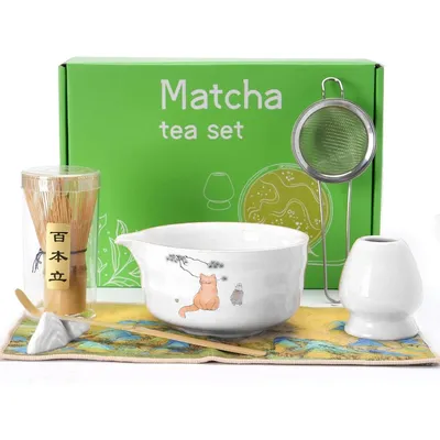 Produktbild von Matcha Set 7-teilig, Japanisches Matcha Teeschalen Set mit Bambusbesen, Teesieb, Chasenhalter und Zubehör,Weiß