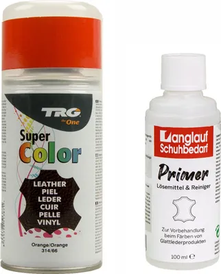 Produktbild von TRG Lederfarbspray 150ml Dose + Primer Lederreiniger 100ml - Color Spray, Farbspray Schnelltrocknend, Abriebfest - zum Färben aller Glattleder und Kunstleder orange 314/66