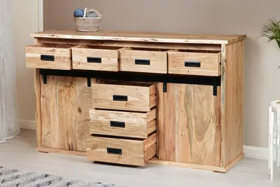 Produktbild von Sideboard 150x45x90 cm Baumkante Akazienholz massiv natur gusseiserne Elemente LIAN II