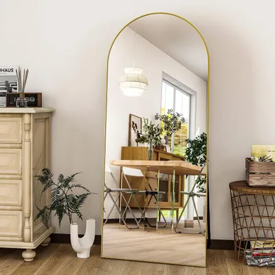 Immagine prodotto di Specchio a figura intera a forma di arco, 64 x 21 pollici, da appoggio, da appoggiare o da fissare a parete, cornice in alluminio, per soggiorno, bagno degli ospiti, color oro, 161 cm, 52 cm