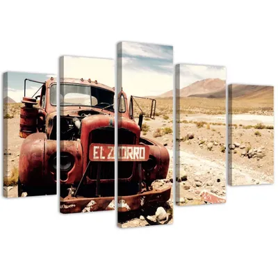 Produktbild von 5-teiliges leinwandbild auto in der wüste 150x100 cm Feeby braun wandbild bereit zum aufhängen