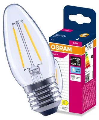 Obrázek produktu pro LED žárovka E27, značka Świeczka, model B35, 3,4 W, ekvivalent 40 W, 470 lm, 4000 K (neutrální bílá), úhel svitu 300°, filamentová technologie, značka Osram, Obrázek vytvořený pomocí AI