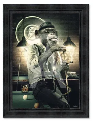 Image de Cadre en bois avec impression en PVC vernis "Singe Billard" - Noir - 50 x 70 cm - Collection Binet