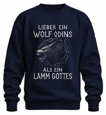 Imagen del producto de Sudadera uni con cuello redondo, diseño "Lobo de Odín" en lugar de "Cordero de Dios", estilo vikingo, motivos nórdicos, runas, mitología. Color azul marino, talla XL