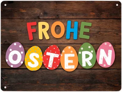Produktbild von Frohe Ostern Metallschild XL in 21x28 cm mit bunten Eiern