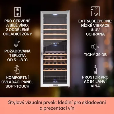 Obrázek produktu pro Klarstein vinotéka, 2 zóny, slim, skleněné dveře, UV ochrana, 5-18 °C, 54 lahví
