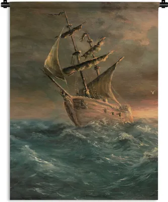Produktbild von MuchoWow® Wandteppich Wandbehang Illustration eines Segelschiffs während eines Sturms 150x200 cm Tapisserie Dekoration Wandtuch - Wandaufhängung - Moderner