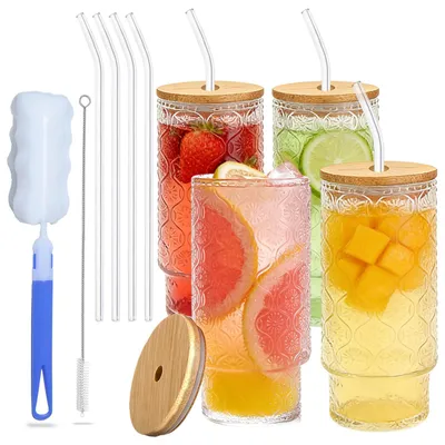 Gläserset 4-teilig, geriffelt, 320 ml, mit Strohhalm