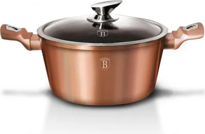 A copper-colored pot with a glass lid and silver handles, presented on a white background.