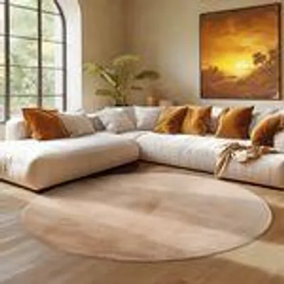 A modern living room with a large sectional sofa and a round rug.