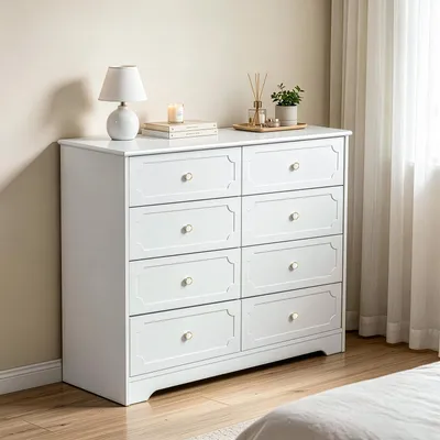 Image de Commode ALIGHTUP avec 8 tiroirs, meuble de rangement pour chambre à coucher ou salon, dimensions 105x38x90 cm, blanc