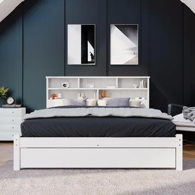 Image de Lit rembourré / bois massif 140 x 200 cm Blanc Sommier avec tête de lit Bibliothèque et tiroirs Espace de rangement Lit pour adolescent en pin