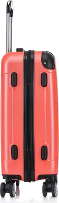 A side view of a neon orange suitcase.
