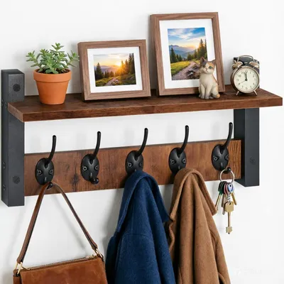 Image de Porte-manteau avec étagère et 5 crochets, en bois et en métal