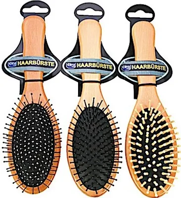 Produktbild von Haarbürste Holz 22cm, 3fach sortiert, mit Noppen an den Bürsten zur Kopfhautmassage, Elina med