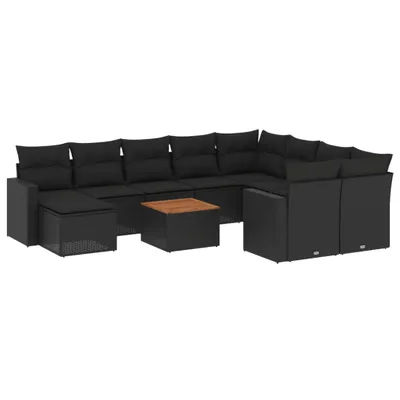 Produktbild von Modulares Garten-Loungesofa, 11-tlg. Sitzgruppe für Terrasse, aus schwarzem PE-Rattan, pulverbeschichtetem Stahl & Akazienholz, mit abnehmbaren Kissen